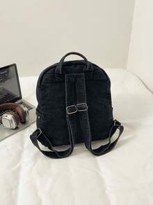 Punk Denim Backpack With Eye Print And Studded Chain Decor Casual Fashion Daypack For Streetwear Enthusiasts Daily Use(Without Iron Chains) - Black - View 6