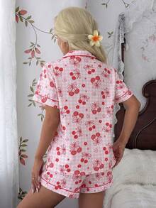 2pcs Women's Comfortable Plaid Cherry Print Short Sleeve Collared Top And Bowknot Shorts Pajama Set, Spring/Summer - Pink - View 2