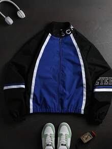 Men's Spring/Autumn Fashion Casual Letter Jacket With Color Block Patchwork Design - Blue - View 2