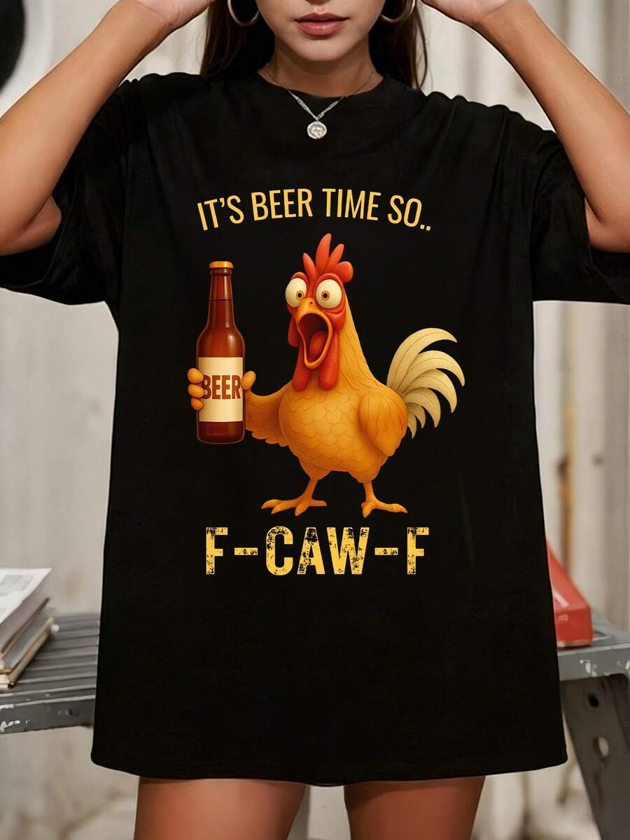 Funny Fcawf Chicken Beer T-Shirt F-CAW-F Rooster Tee, Drink Lover Gift For Men - 黑色 - 查看 1