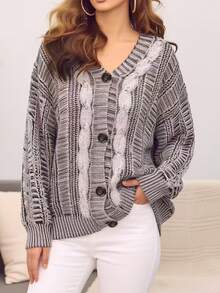 Autumn/Winter Fashion Contrast Color Elegant Mature Commuter Women's Plus Size Knit Cardigan Jacket European And American Style Cable Knit Drop Fall - Multicolor - View 4