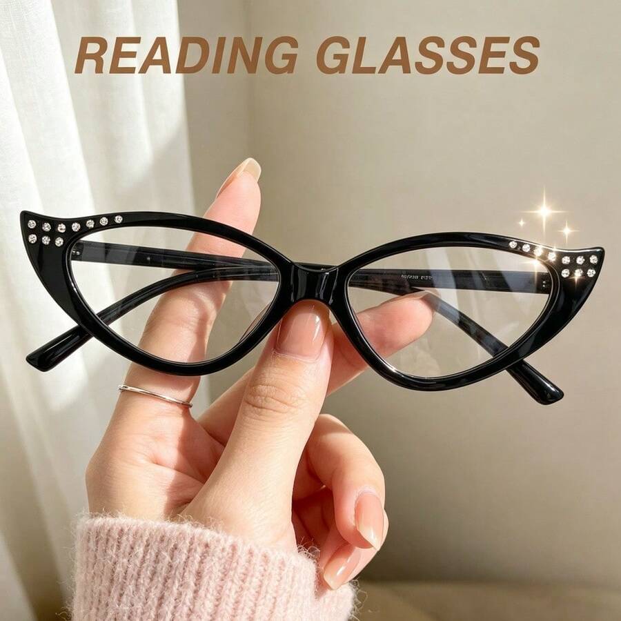 1pc Fashion Cat Eye Small Frame Reading Glasses, Rhinestone Design Stylish, Gradient Color Frame, Elegant & Sophisticated Women Reading Glasses - hitam - View 1