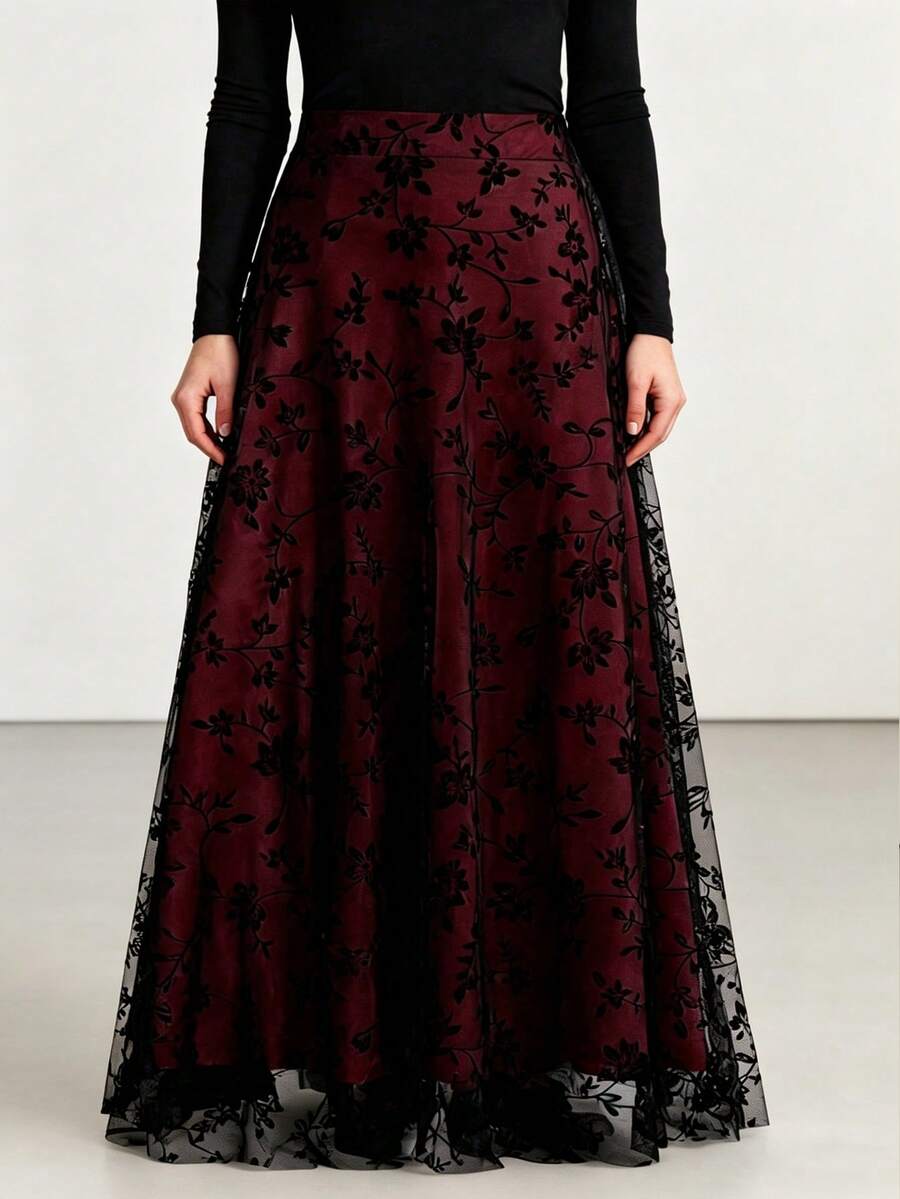 YI XUAN Plus Size Floral Flocked Mesh A-Line Skirt, Elegant Women's Skirt Spring