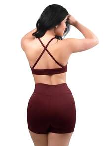Work Fitness Kit 2 Set Backless Cross Strap Top And Basic Premium Shorts - Marrón y Burdeos - Ver 4