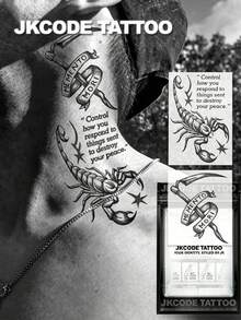 JKCODE TATTOO 2 Pcs Semi-Permanent Haloween Tattoo Kit | Dark Style Scorpion, Axe Tattoo, Bold Script Sketch Neck Tattoo | Rock Style Waterproof Tattoo For Men, Realistic Fake Tattoos, Non-Reflective For 7-14 Days, Magic Tattoos, Lasts 1-2 Weeks, Perfect Gift - Halloween - View 3