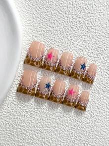 10片裝 Y2K 豹紋手工穿戴甲，Polygel 美甲套組，粉色鑽石星星圖案，棕色與粉色指甲油，甜酷風，附美甲工具，3種尺寸可選，杏仁/鴨嘴/棺材形，適合派對、跳舞、日常配戴 - 彩色 - 查看 17