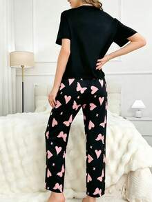 Black Short Sleeve Top And Pants Printed 2 Pieces Pajama Set Women's Loungewear - Black - View 6