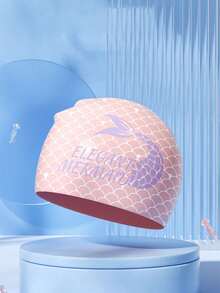 1pc Pink Mermaid Scale Printed Silicone Swimming Cap, Elegant Mermaid Pattern Waterproof Swim Hat For Women Girls Swimming Pool Water Activities - Pink - View 7