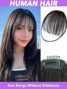 Human Hair Bangs With Sideburns Real Hair Bangs Clip-On Wig Women's Thin Air Fringe Sideburns Easy To Apply Basic Style All Ethnicities Hair Accessories For Daily Use Natural Black - Natural Black - View 1