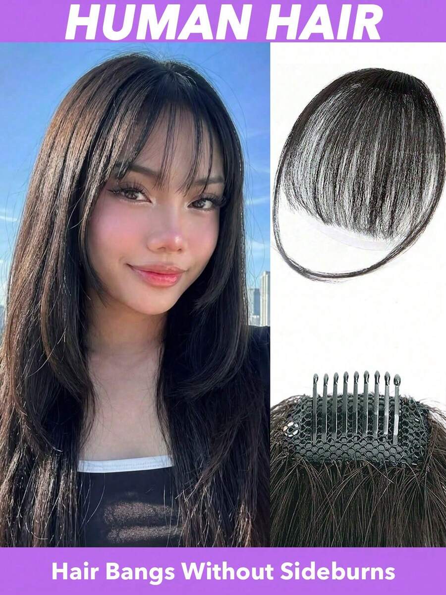 Human Hair Bangs With Sideburns Real Hair Bangs Clip-On Wig Women's Thin Air Fringe Sideburns Easy To Apply Basic Style All Ethnicities Hair Accessories For Daily Use Natural Black - Natural Black - View 1