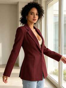 FASHION MO FEMININE- MK0254, Women's Blazer, Suit Jacket, Fitted, Elegant, Formal, Modern, Valentine's Day SHE(IN) - 酒紅色 - 查看 3