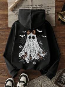 [Halloween] 1 Peça Moletom com Forro de Fleece Grosso e Quente com Estampa de Fantasma & Abóbora para Meninas Adolescentes, Roupa Infantil Estudantil, Adequado para Menina Pré-Adolescente Outono/Inverno Manga Longa - Preto - Visão 4