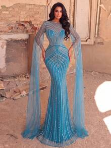 Elegant Women's Sequin Mermaid Formal Gown, Round Neck Design, Exquisite Cape Sleeves, Suitable For Balls And Evening Events - Blue - View 8