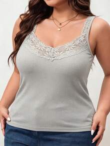 3pcs Plus Size V-Neck Floral Lace Camisole Tank Tops Women Solid Color Slim Fit Spaghetti Strap Sleeveless Top Spring Summer Versatile Inner Layer Slimming Base Layer - Multicolor - View 5