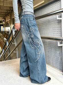 1pc American Street Style Women's Embroidered Loose Wide Leg Jeans Long Pants All Season Fashion Casual - Blue - View 5