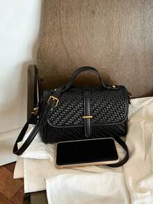 Women's Vintage Faux Leather Woven Texture Small Handbag, High-End Boston Small Bag, Versatile Shoulder Crossbody Commuter Bag - Black - View 8