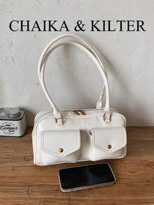 CHAIKA & KILTER 1件裝純色亮面PU布料女款時尚單肩包 多口袋大容量波士頓保齡球包 拉鍊開合 適合日常與外出使用 - 白色 - 查看 4