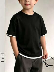 Boys Colorblock White Sleeve Pure Black Short Sleeve T-Shirt, Minimalist Round Neck Loose Fit Basic Kids T-Shirt - Black - View 2