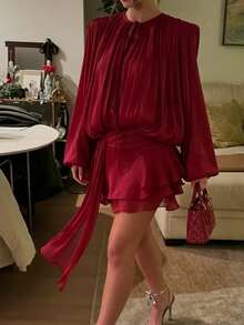 女款燈籠袖繫帶領寬鬆休閒洋裝，適合派對、婚禮、秋季穿著 - 酒紅色 - 查看 6