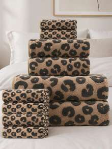 1pc/4pcs/10pcs - Luxury Leopard Print Bath Towel Set - Jacquard Coral Fleece Terry Cloth, Ultra-Soft Plush Towels, Ideal For Creating Bold Home Decor And Spa Environment - Brown - View 13