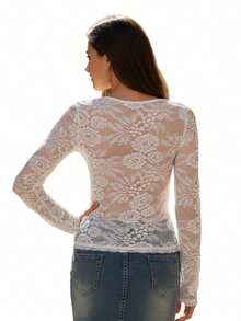 Women's Y2k Lace Patchwork Blouse Top Square Neck Long Sleeve Crop Tops Slim Fit T-Shirts  Going Out Tops Club Streetwear Basic Tops Aesthetic Clothes - 白色 - 查看 2