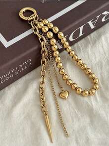 Elegant Metal Pearl Beaded Heart-Shaped Tassel Decor Pendant Keychain Beaded Chain Bag Chain Gift, Beautiful - A - View 2
