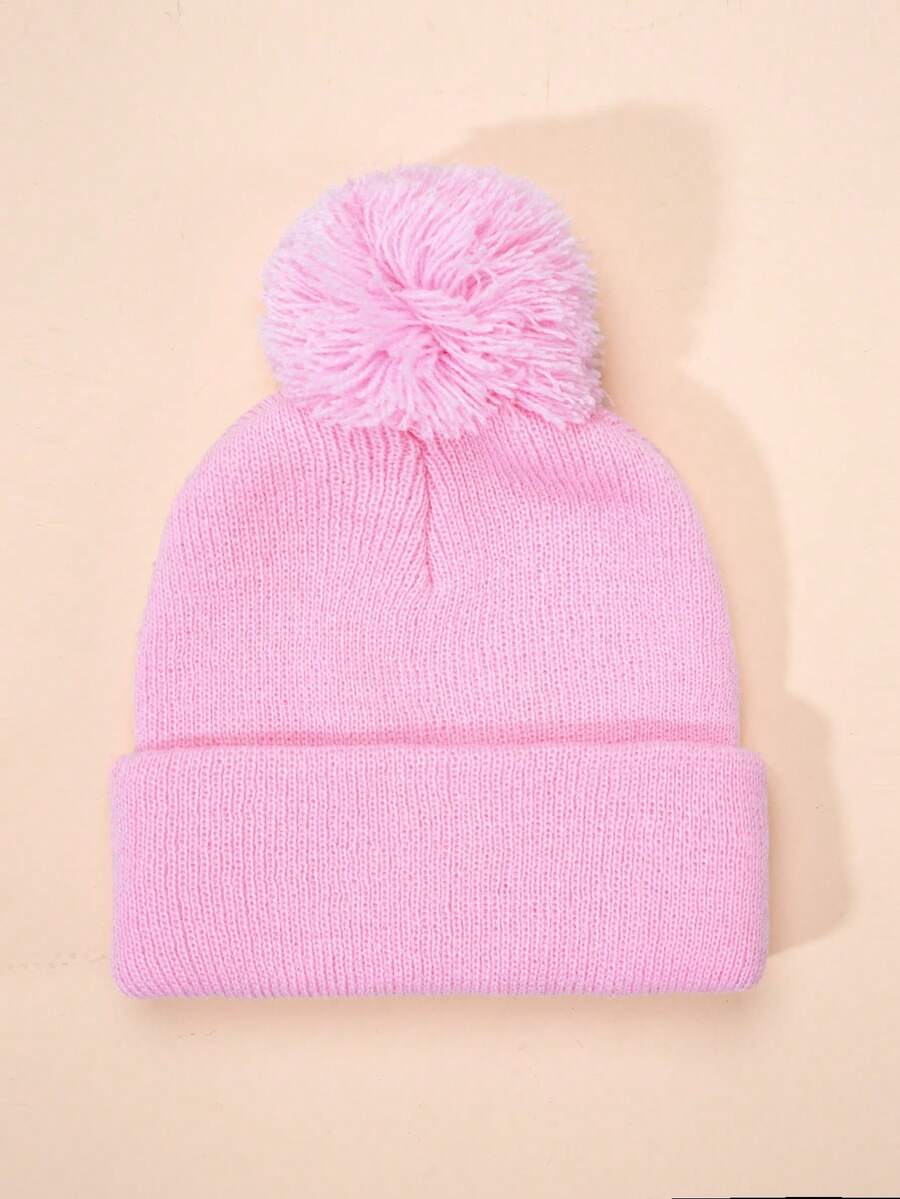 1 pieza Gorro de bebé para niños y niñas estilo Y2K minimalista con pompón de unicolor de punto, gorro de invierno cálido versátil y casual para uso diario y clima frío al aire libre - Rosa - Ver 1