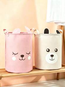 1pc New Ear Bear Cotton Linen Storage Basket For Nursery, Waterproof Foldable Laundry Hamper With Double Handles Stores Kids Clothes Toys And Sundries - Multicolor - View 2