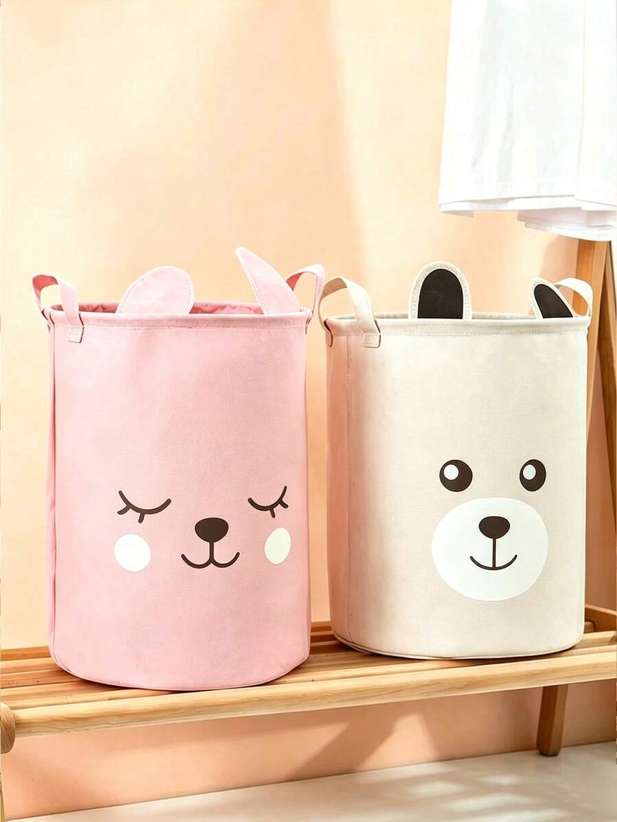 1pc New Ear Bear Cotton Linen Storage Basket For Nursery, Waterproof Foldable Laundry Hamper With Double Handles Stores Kids Clothes Toys And Sundries
