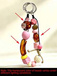 Acrylic Beaded Phone Lanyard, Oval Alien Design, Phone Chain, Vintage Korean Style, Phone Charm, Keychain, Bag & Earphone Pendant, Accessory - Pink Brown - View 3