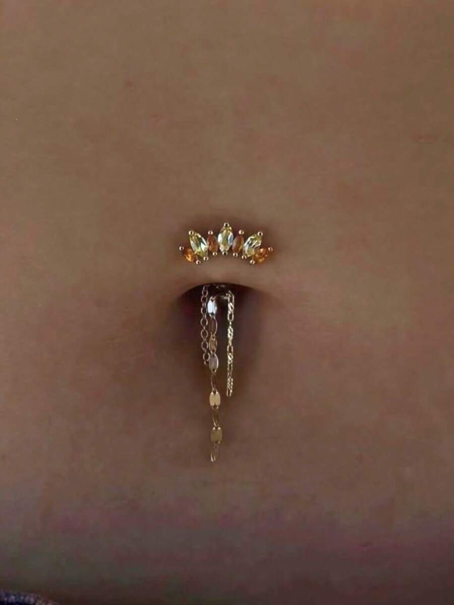 1pc Exquisite Marquise Cubic Zirconia Chain Belly Ring, Suitable For Women's Daily Wear, Dates, Parties, Gatherings And Layering - Yellow Gold - View 1
