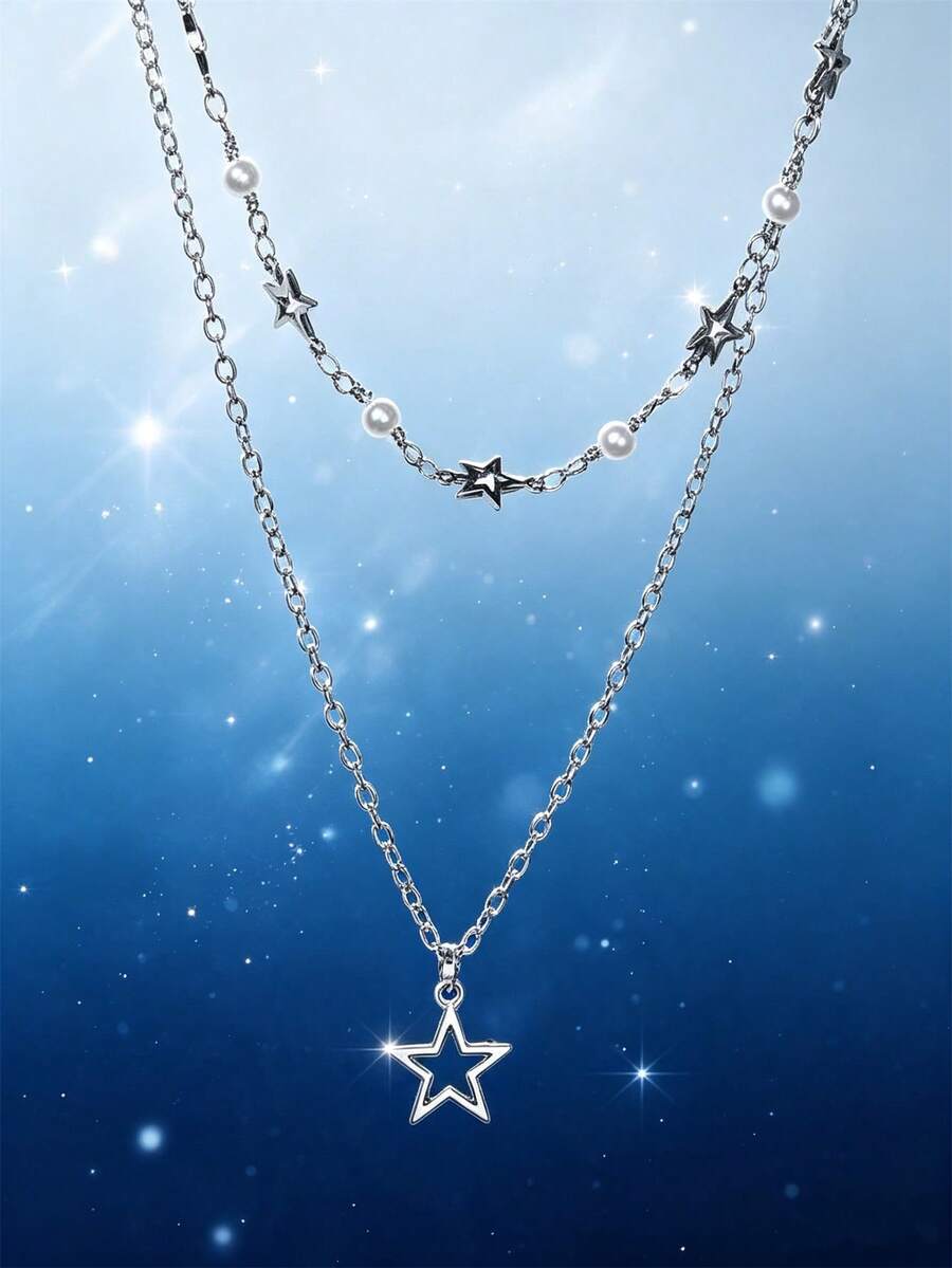 1/3pcs Silver Metal Handmade Chain Star Moon Pendant Multi-Layer Necklace - Silver - View 1