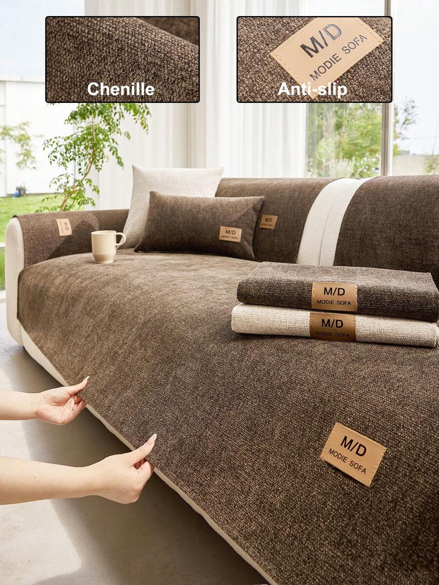 1pc Chenille Fabric Solid Color Sofa Cover, Non-Slip And Anti-Dirt Backing, Pet-Friendly, All-Season Use, Machine Washable, Home Decor Holiday Arrangement Old Sofa Renewal, Suitable For 1/2/3/4 Seater Armrest Backrest Cover - Khaki - View 1