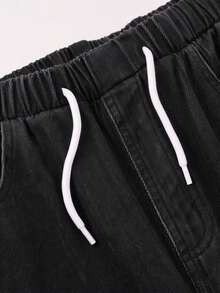 Tween Girls Black Washed Denim Loose Long Pants With Elastic Waist And Drawstring Design, Fashion Casual Y2K Retro Cool Street Style, Back To School College Style, Simple Basic Comfortable Nostalgic Blue Loose Jeans, Soft Daily Wear - Black - View 4