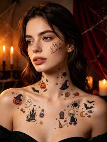 30pcs Halloween Temporary Tattoo Stickers - Colorful Realistic Fun Patterns: Spider, Pumpkin, Ghost, Cat, Witch, Bat, Etc. Waterproof Semi-Permanent, Suitable For Men And Women On Fingers, Arms, Behind Ears, Ankles, Collarbones, Etc. - Multicolor - View 6