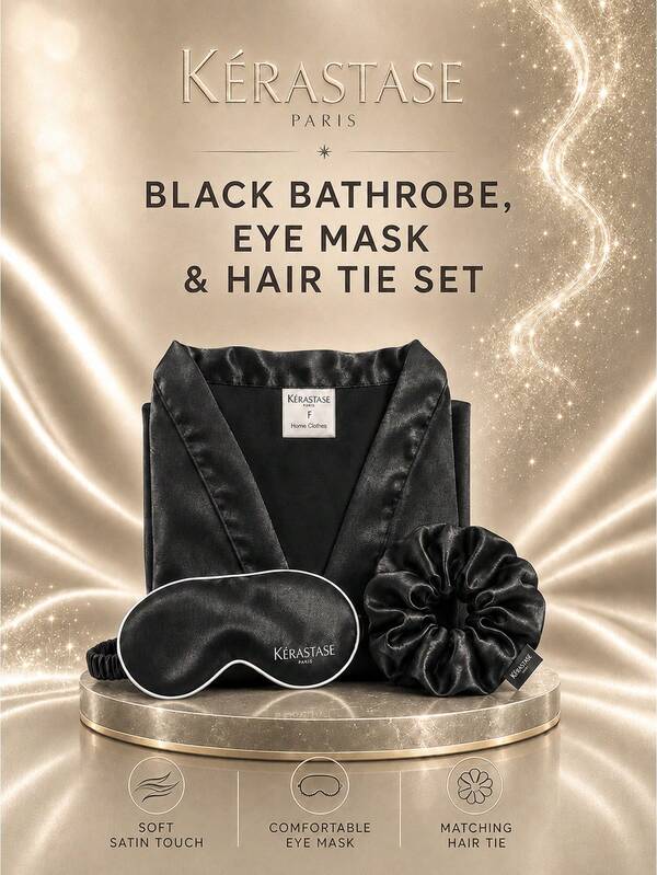 Kérastase Black Bathrobe, Eye Mask, And Hair Scrunchie 3-Piece Set, One Size F (170/88A), Smooth Satin, Lightweight And Breathable, Suitable For Home Relaxation, Business Trips, And Travel