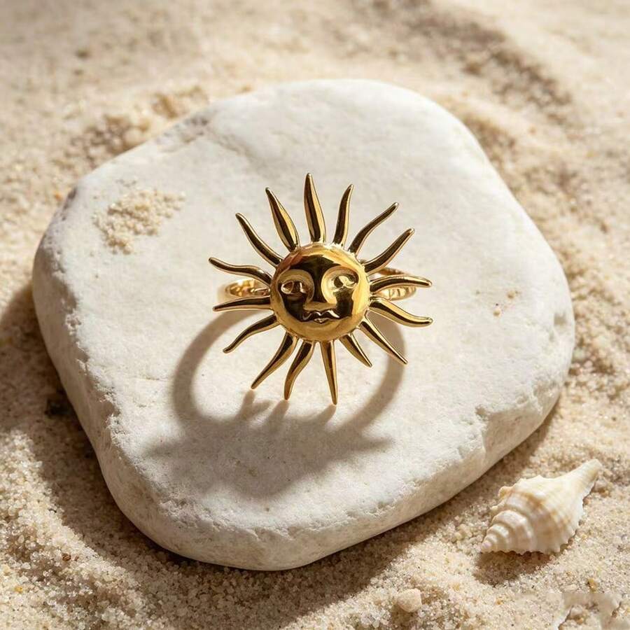 1 buah Cincin Terbuka Berlapis Emas Stainless Steel dengan Motif Wajah Matahari yang Lucu, Cocok untuk Pemakaian Sehari-hari Wanita, Kencan, dan Belanja - Seperti yang ditunjukkan pada gambar - View 1