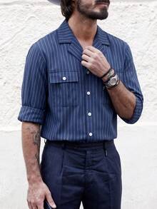 GOLDRED American Vintage Old Money Style Blue Striped Cuban Collar Shirt Men's Double Pocket Workwear Commute Casual Thin Long Sleeve Shirt - Blue - View 5