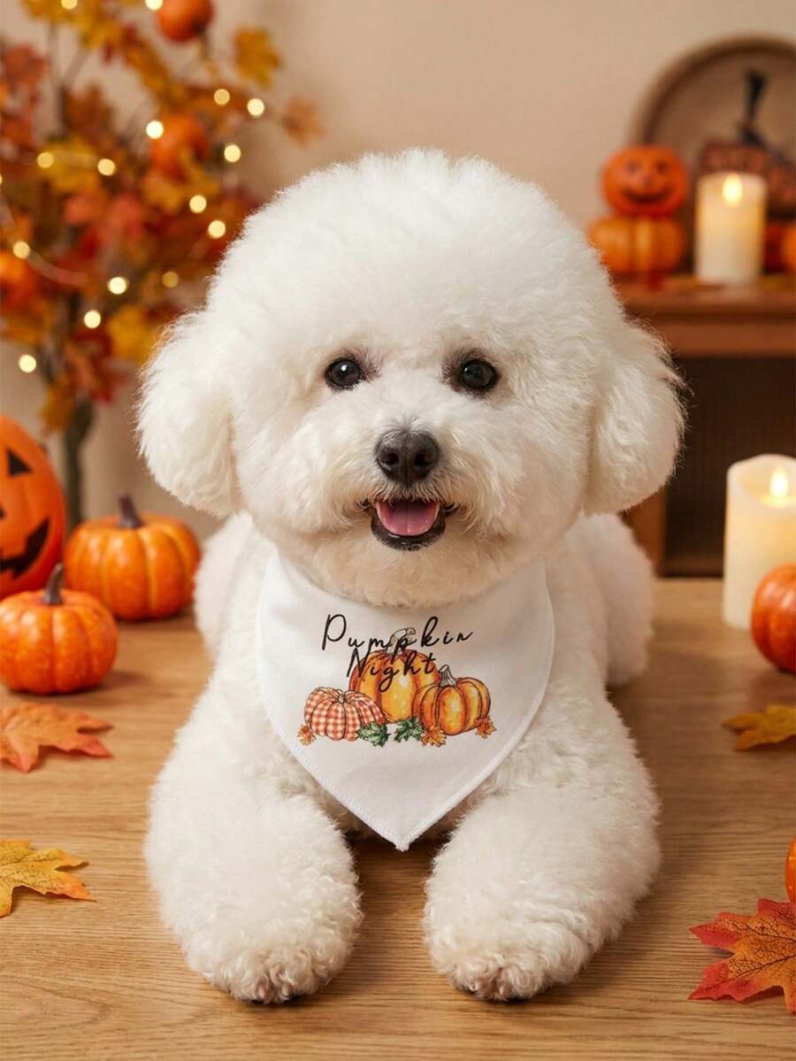 Polyester Material Comfortable Soft Cartoon Print Pet Scarf, Suitable For Cats And Dogs To Wear Indoors Or Outdoors - White - View 1