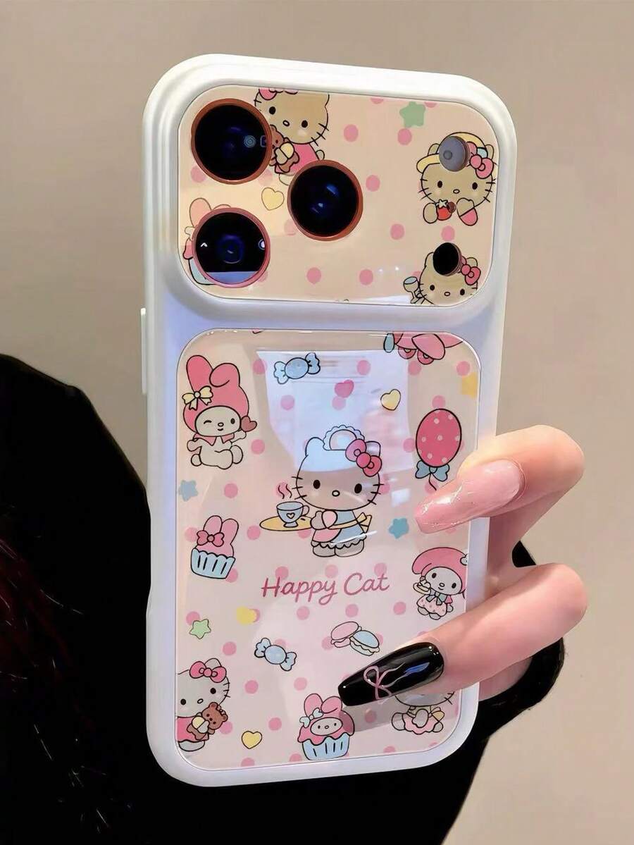SANRIO 壓克力粉色手機殼，適用於 iPhone 17 Pro Max、12/16 Pro、15、14、13 Pro、17 Air，大視窗、全方位覆蓋，可愛粉色格紋貓咪設計，防摔保護殼 - 白色 - 查看 1