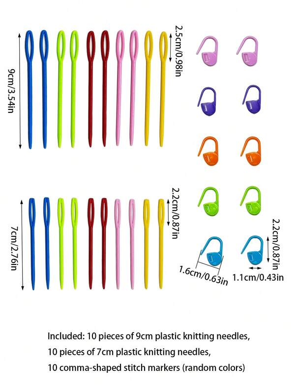 30pcs Safety Hand Sewing Needle Set, Includes 10pcs 9cm + 10pcs 7cm Colorful Large Eye Safety Needles And 10pcs Comma Lock Stitch Markers, Colorful Yarn Knitting Auxiliary Tool Set, Suitable For Yarn Knitting, Crochet Finishing And Various DIY Handmade Crafts