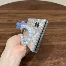 Korean Style Cute Blue & Pink Floral Pleated Transparent Phone Case With Flower Chain, Compatible With Samsung Galaxy Z Fold 8 Wide ZFold8 Back Cover - Transparent + Blue Flower Chain - View 9