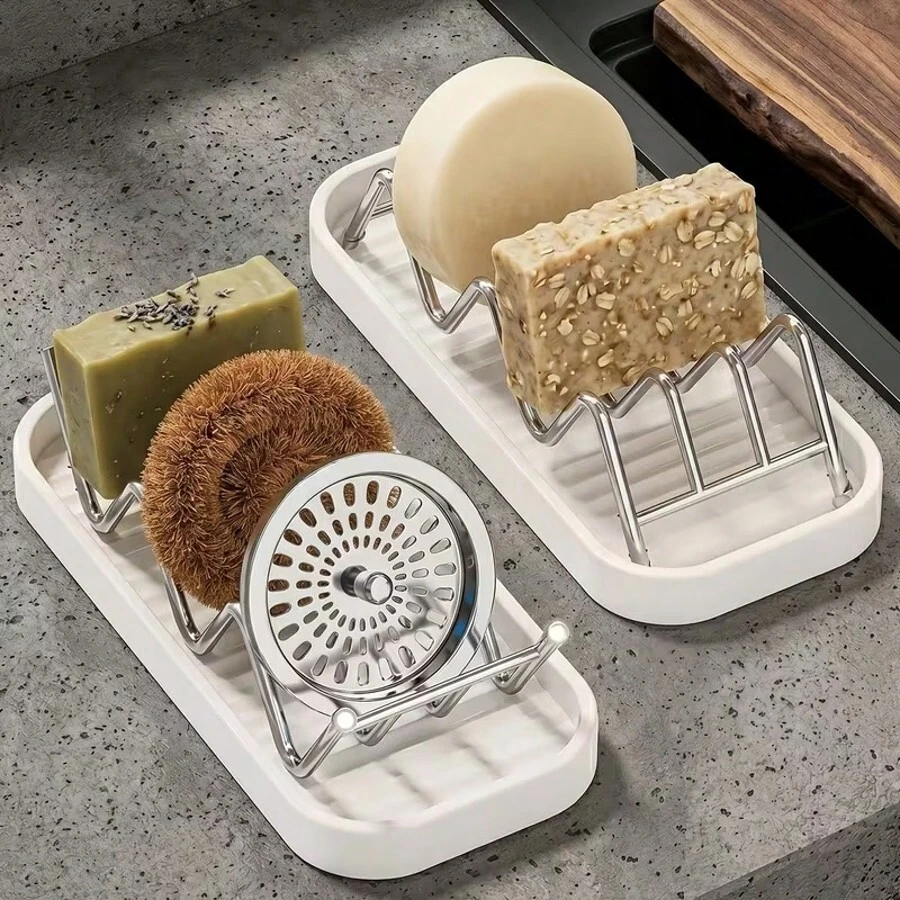 Wavy Drainage Soap Holder/Organizer, Bathroom Soap Dish, Sink Countertop Sponge And Cleaning Cloth Storage Rack; Quick Drainage, Keeps Countertop Dry, Securely Holds Sponges And Steel Wool - A - View 1