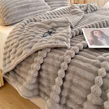 1pc Oversized Striped Blanket, Wide Stripe Cutout Faux Rabbit Fur, Milk Plush, Flannel Throw Blanket, Casual Nap Blanket, Office Siesta Small Throw - Light Grey - View 5