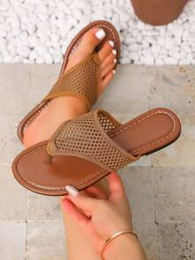 New Women's Popular Summer Fashion Minimalist Breathable Woven Mesh Design Slip-On Round Toe Thong Flat Brown Sandals - Brown - View 4