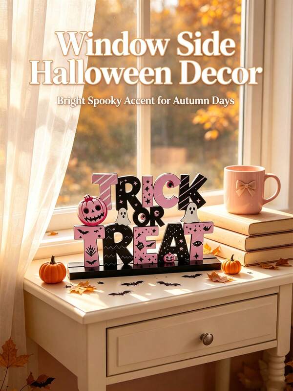 1pc Halloween Trick Or Treat Pink Wooden Decoration, Suitable For Wooden Tabletop And Stand, Applicable For Home, Farmhouse, Office, Cafe, Coffee Shop, Fireplace, Living Room, Bedroom, Kitchen Dining Table Decoration, Halloween Gift, Halloween Decor, Home Decor