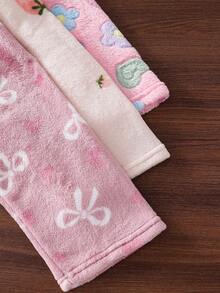 3pcs/Set Baby Girls Autumn/Winter Soft Thermal Lined Long Pants, Bowknot Strawberry Floral Pattern, Fuzzy Soft Elastic Waistband, Simple Basic Style, Suitable For Outdoor Wear - Multicolor - View 4