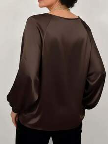 Women's Plus Size Fashion Elegant Satin Round Neck Loose Shirred Elastic Cuff Top, Suitable For Spring Summer Autumn Daily Wear, Vacation, Casual, Holiday, Commuting - Coffee Brown - View 3