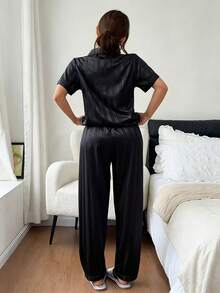 Dreamivo Solid Color Women's Loungewear Set, Short Sleeve Top And Long Pants, Women's Pajamas - Black - View 2