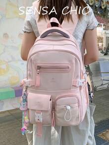 Ransel Pink untuk Pelajar, Tas Sekolah Kapasitas Besar dengan Banyak Kantong, Tali Bahu yang Dapat Diatur & Liontin Lucu, Ransel Ringan untuk Perjalanan Sehari-hari - Berwarna merah muda - View 3